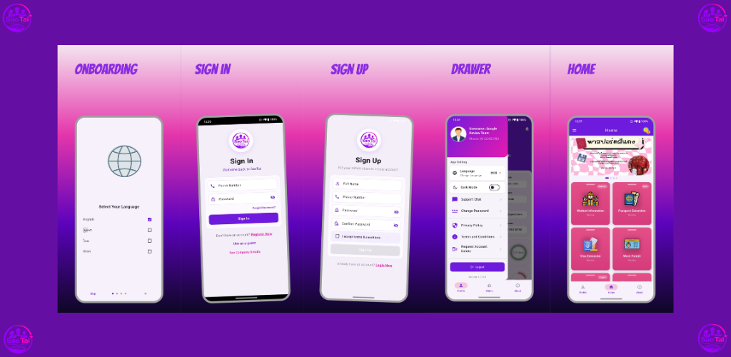 Sao Tai Worker Agency app feature banner and real app screens